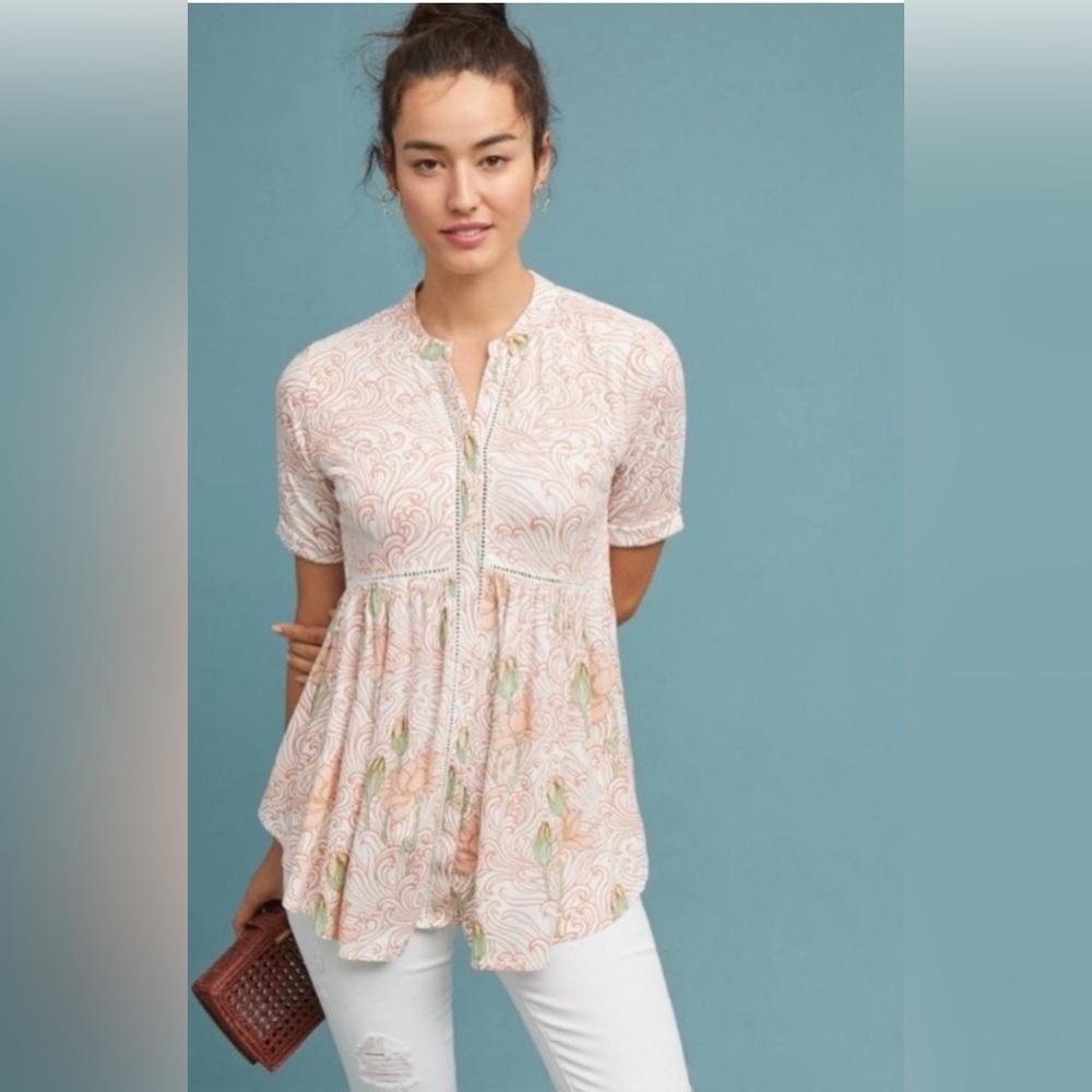 Anthropologie Akemi + Kin Women's Veria Peplum‎ Tunic Pink Floral Size XS Boho